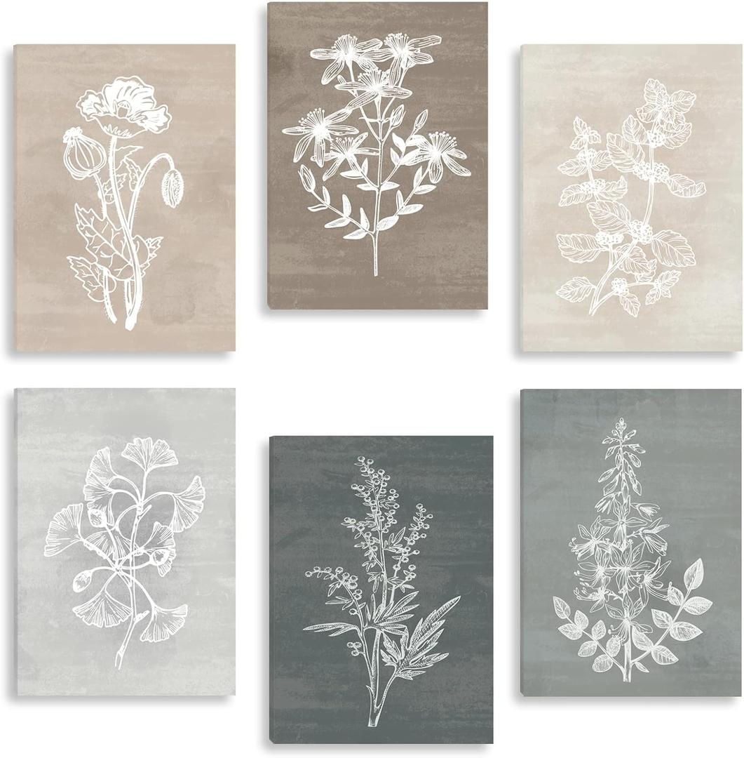 BINCUE Neutral Botanical Plant Canvas 6 Pieces Rustic Farmhouse Wall Art for Living Room Bedroom and Bathroom,Canvas Paintings Print Set Decor 12"x 16" (16L" x 12W")