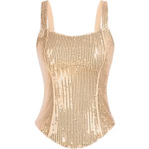 Women Bustier Corset Top Sequin Sexy Slim Tank Top Champagne Summer Sleeveless Party Square Neck XL