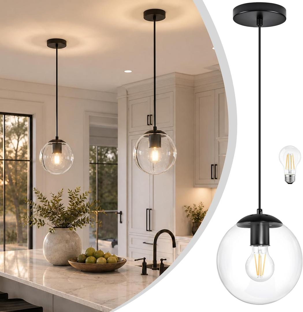 KoKo&Yukina 8 inch Globe Pendant Lighting for Kitchen Island Mid Century Modern Hanging Light Fixture with Clear Globe Glass Black Industrial Hanging Ceiling Lights for Bathroom Entryway (Bulb Incl.), 8 inch - standard
