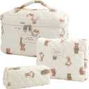 Large Quilted Makeup Bag for Women and Girls, Cute Coquette Floral Cotton Cosmetic Bag, Aesthetic Travel Organized Toiletry Bags (06-beige bears)