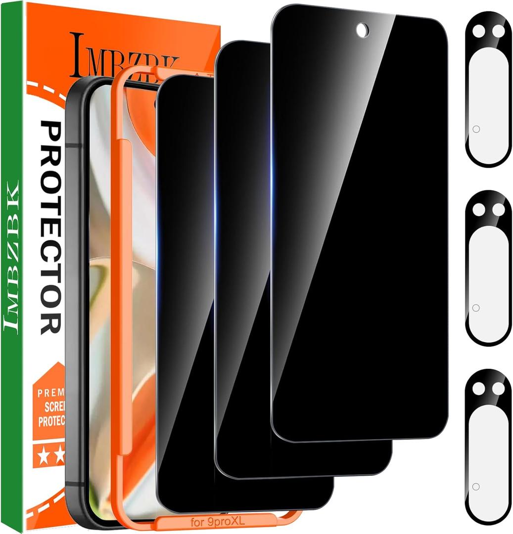 IMBZBK 3 Pack Privacy Screen Protector for Google Pixel 9 Pro XL Tempered Glass Accessories 3 Pack Camera Lens Protector, Anti Spy Case Friendly Protector de Pantalla for Pixel 9 Pro XL (Black)