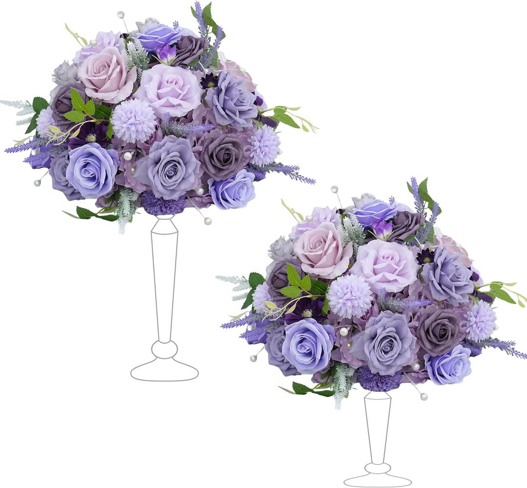 2pcs 15inch Centerpieces Table Decorations Lavender & Purple Artificial Flowers Roses Balls for Wedding Centerpiece Party Bouquet Faux Floral Arrangement (Without Stand)