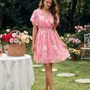 Womens Summer Ruffle Short Sleeve Dress V Neck Flowy Chiffon Layers Boho Dresses (Pink)