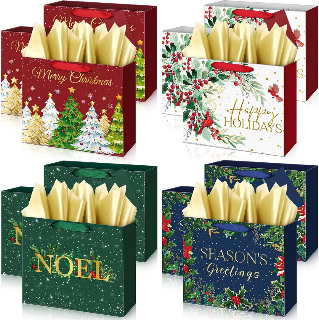 Aliceset 12 Pack Greenery Christmas Gift Bags with Tissue Paper and Tags Gold Foil Assorted Christmas Gift Bags Vintage Presents Wrapping for Holiday Xmas New Year Presents Giving, 11.8x10x4 inch