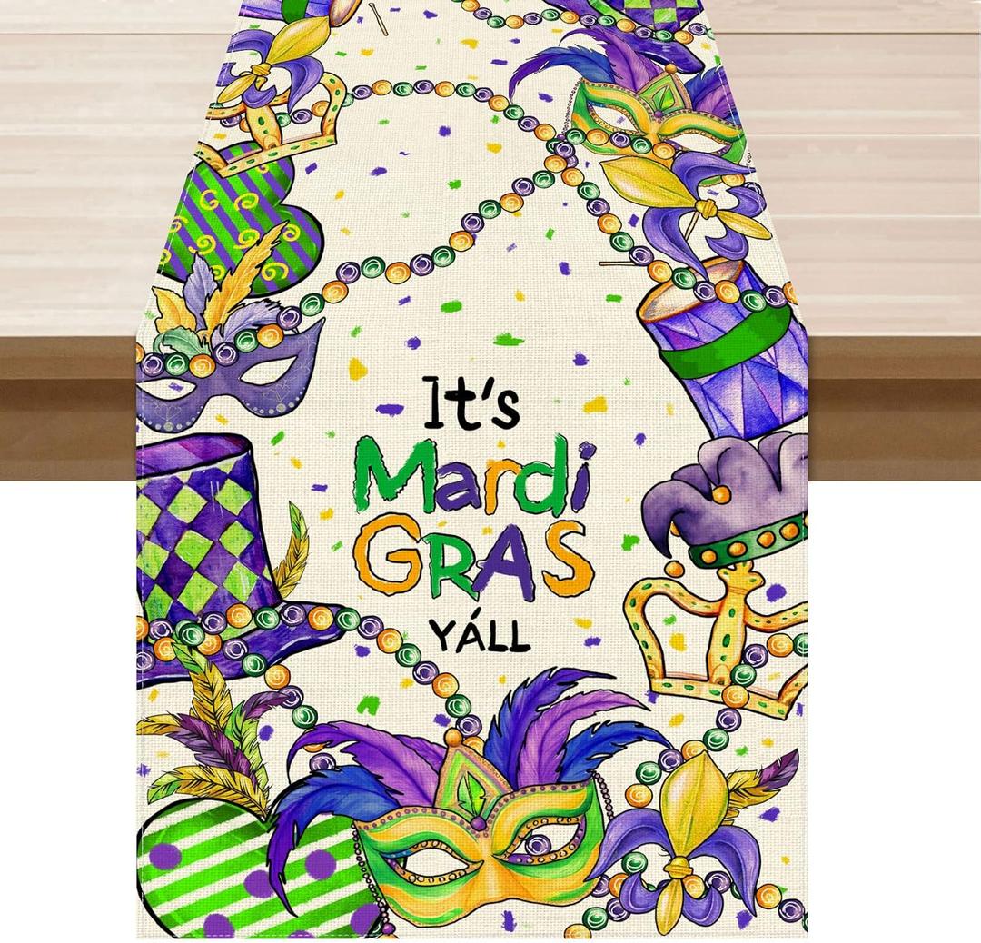 XCHI Masks Hats Beads Mardi Gras Table Runner Carnival Table Decoration for Masquerade Party Home Kitchen Dining Holiday Decor 13x60 Inch