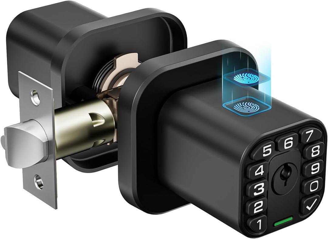 Richelock Fingerprint Door knob, Smart Biometric Door Lock with Keypad, Keyless Entry Code Door Knob, Waterproof & Weatherproof , Auto Lock ,Voice Navigation, For Bedroom, Gate,Office -Matte Black