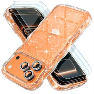 Choiche Compatible for iPhone 17 Pro Max Case Clear, Cute Sparkly Glitter Phone Case, Curly Wavy Bumper Cover with Silver Diamond Camera Lens Protectors for Women 6.9" (Glitter Clear)