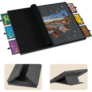 Tektalk 2000 Piece Foldable Jigsaw Puzzle Table with Cover, 3-Tilting-Angle Plateau, Lightweight Portable Felt Puzzle Board with 6 Sorting Drawers (Dark Gray)