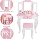 Kids Wooden Play Vanity Set with Vanity Table and 6 pcs Makeup Accessories, Tri-Fold Mirror, Storage Drawer and Matching Stool, Beauty Makeup Vanity Table and Chair Set for Toddlers (Pink), 19 inches x 12 inches x 37 inches
