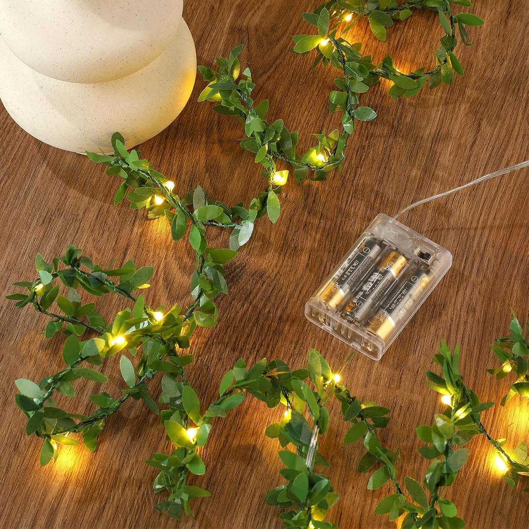 Mikasol Artificial Garland With LED Fairy Lights, 2 Pack Battery Operated Leaf Vine Hanging for Bedroom, Christmas, Parties, Wedding, Centerpiece, Decoration (5m/16ft Warm White), Green Leaves 