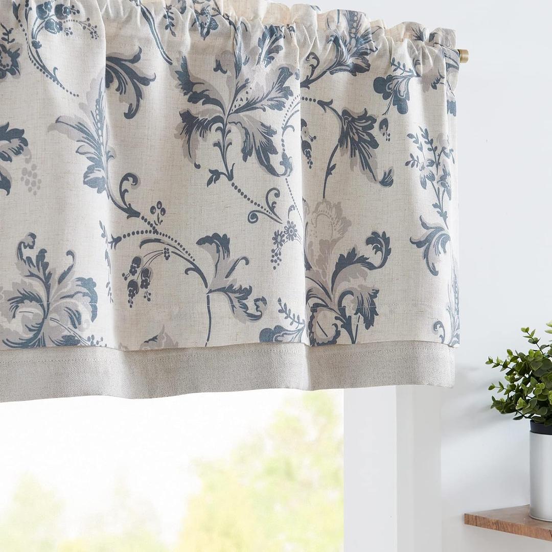 Jinchan Linen Valance Curtain Farmhouse Window Decor Floral Print for Kitchen Living Room Double Layer Blackout Valance 16 Inches Rustic Window Treatment 1 Panel Rod Pocket Blue on Beige, Size: 50"W x 16"L (Pack of 1)