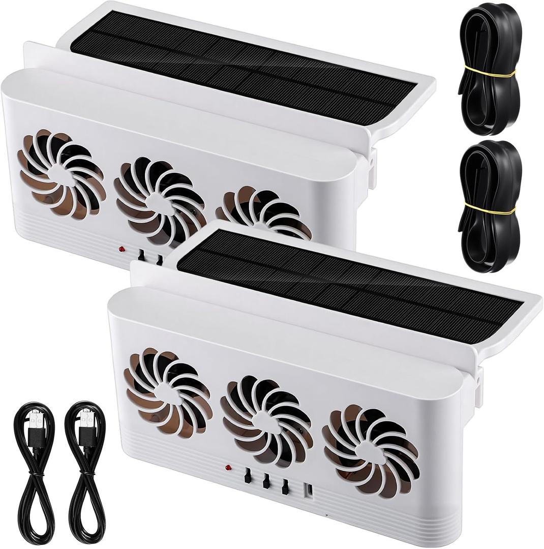 Tujoe 2 Pack Solar Powered Car Exhaust Fan 3 Fans Car Window Air Vent Radiator Solar Energy Cooling Vent Exhaust for General Types (Solar & Battery & USB 3 Fans,White)