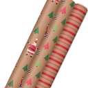 Hallmark Christmas Wrapping Paper Rolls, Brown Kraft Holiday Gift Wrap (Pack of 3: 90 sq. ft. ttl) Kraft with Santas, Trees, Stripes, 3 Count