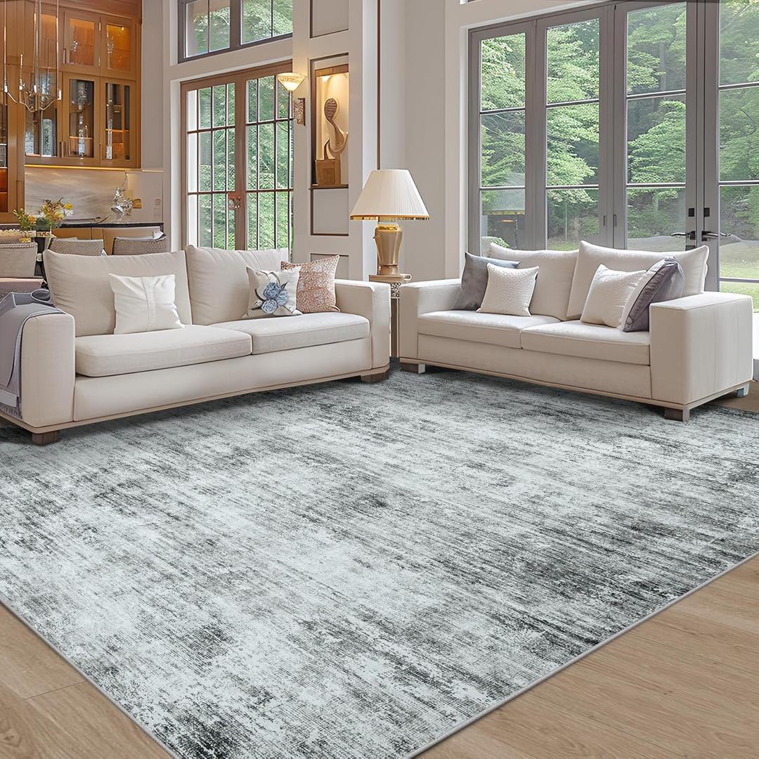 Area Rugs 8x10 Living Room Rugs: Large Modern Abstract Washable Rug with Non-Slip Backing, Thin Carpet for Dining Room Table Bedroom Nursery Indoor Home Office-Black (8' x 10')