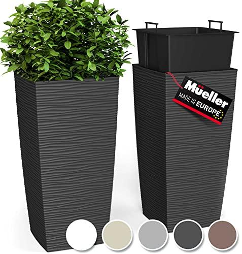 Mueller M-Resin Heavy Duty Tall Planters for Outdoor Plants, Indoor Grande Plant Pots, Boxes, Trees, Flower Pots, 2-Piece Set, 27.5”, Modern Design, Built-in Drainage, Front Porch Decor, Dark Grey 6,5 Gallon
