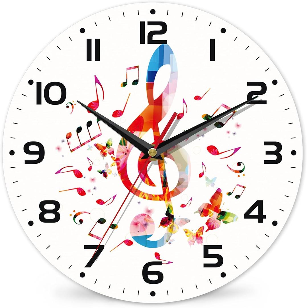 Clock for Living Room, Colorful Music Notes Wall Clock, Contemporary Home Decor Easy to Read Wall Clock for Living Room, Bedroom, Bathroom and Kitchen, 10 Inch