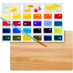 Honeydak Ceramic Watercolor Paint Palette with Wooden Lid 11x7 Inch Porcelain Mixing Tray with 24 Wells and 3 Large Wells Watercolor Palette for Gouache Acrylic Oil Painting