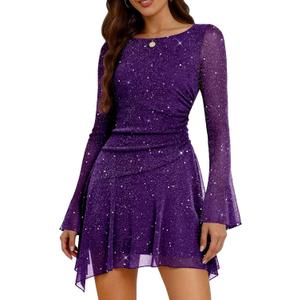 Aupuls Long Sleeve Sequin Prom Dresses for Teens Asymmetrical Going Out Women Party Cocktail Dress (X-Large, Purple)