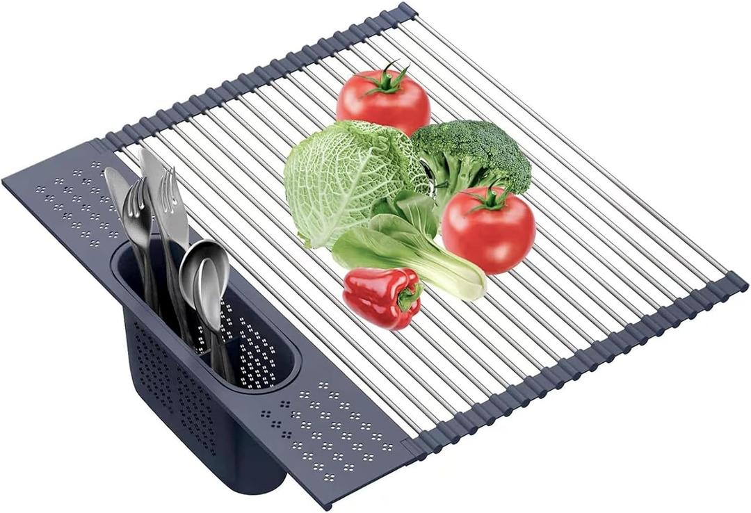 LEMIKKLE 17" x 15" Roll Up Dish Drying Rack Over The Sink Dish Drying Rack,Multi-Purpose Kitchen Rolling Dish Drainer Foldable SUS304 Stainless Steel Dish Drying Rack
