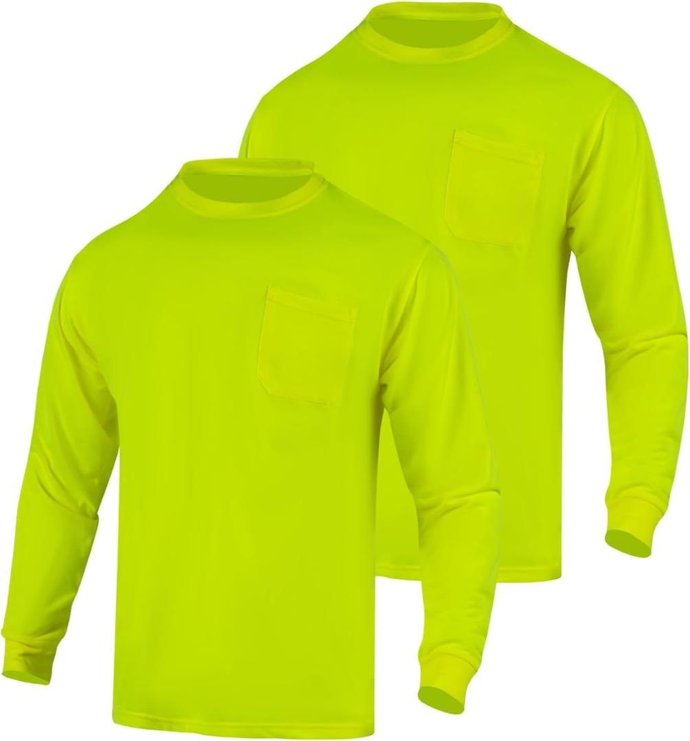 High Vis Long Sleeve Safety Work Shirts for Men,Hi Vis Fluorescent Construction Workwear Tee,2 Pack (XXL)