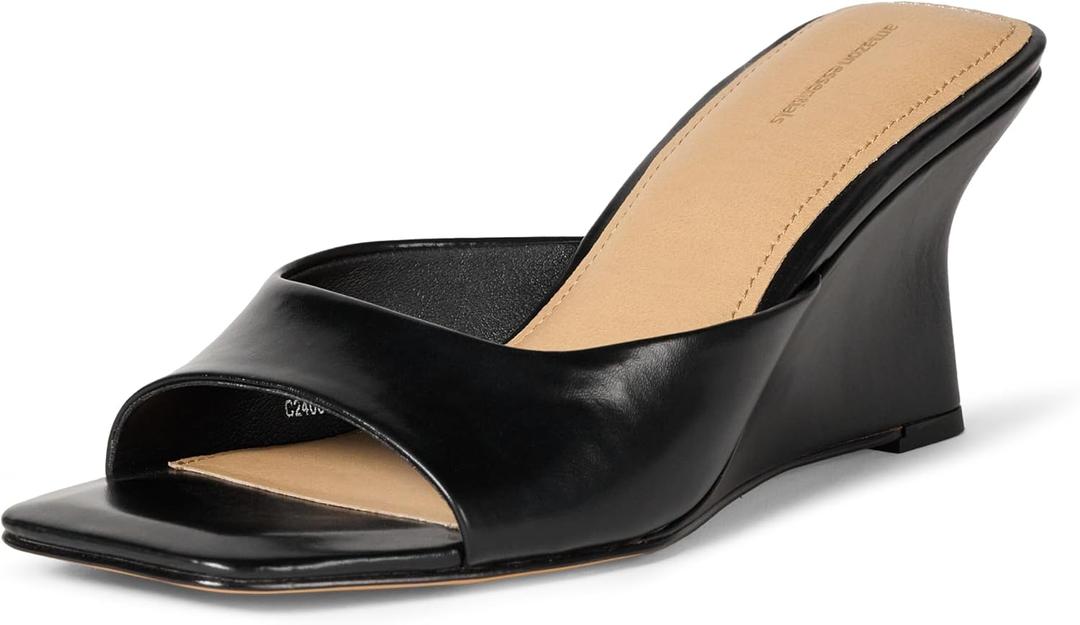 Amazon Essentials Women's Wedge Sandals, Black Faux Leather, 9.5