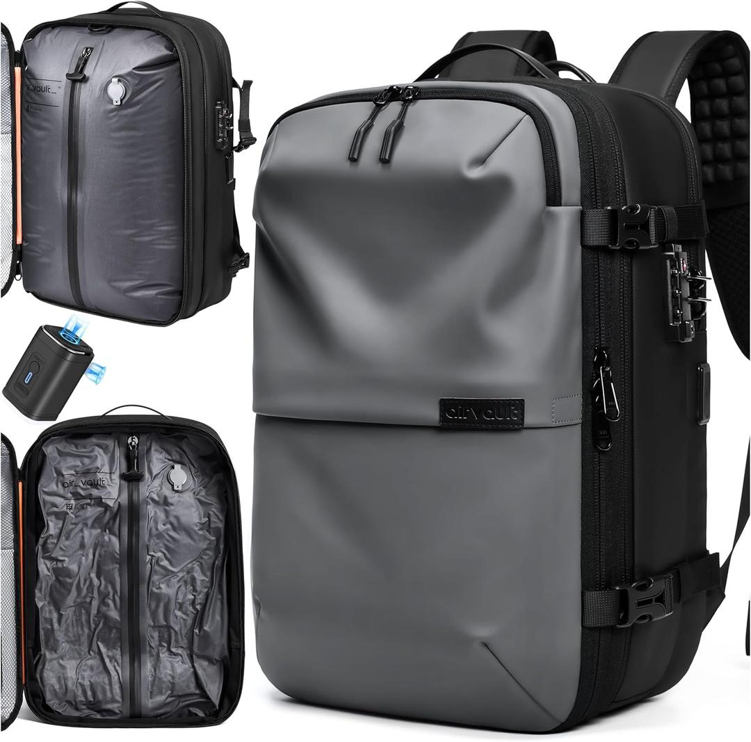 AirVault Vacuum Seal Travel Backpack 60L - Expandable Air Compression Vacuum System, Water-Resistant, Carry-On with TSA Lock Fits 19" Laptop (Gray)