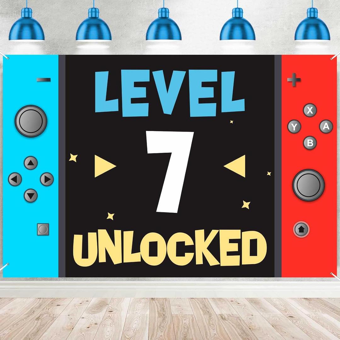 Level 7th Unlocked Happy 7th Birthday Level Up Banner Backdrop Background Photo Booth Props Video Game Youth Theme Decor for 7th Birthday Party Favors Supplies Decorations