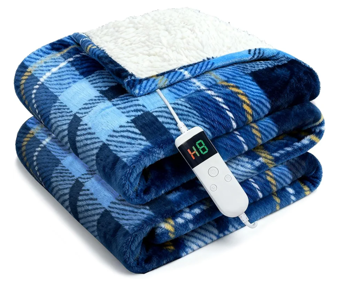 Electric Blanket Heated Throw, Soft Flannel 50"x60" Plaid Heating Blanket with 8 Hours Auto Off 10 Fast Heating Levels Machine Washable Sherpa Heated Blanket with Overheating Protection