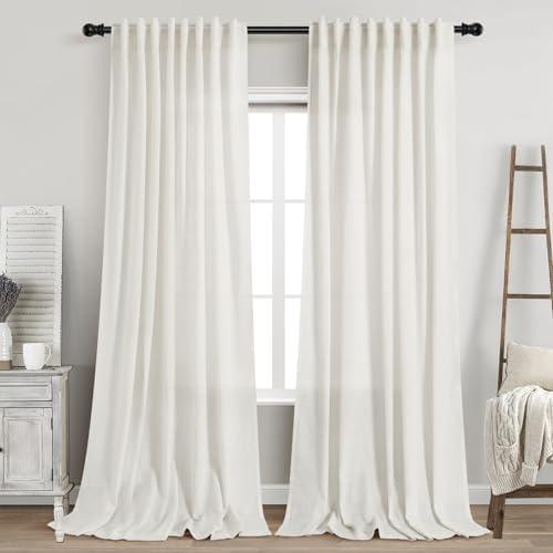 Nanspring Beige White 102 Inch Linen Curtains for Living Room Back Tab Rod Pocket Privacy Semi Sheer Light Filtering Curtains Coastal Decor Soft Long Curtain for Bedroom, 2 Panels 60x102
