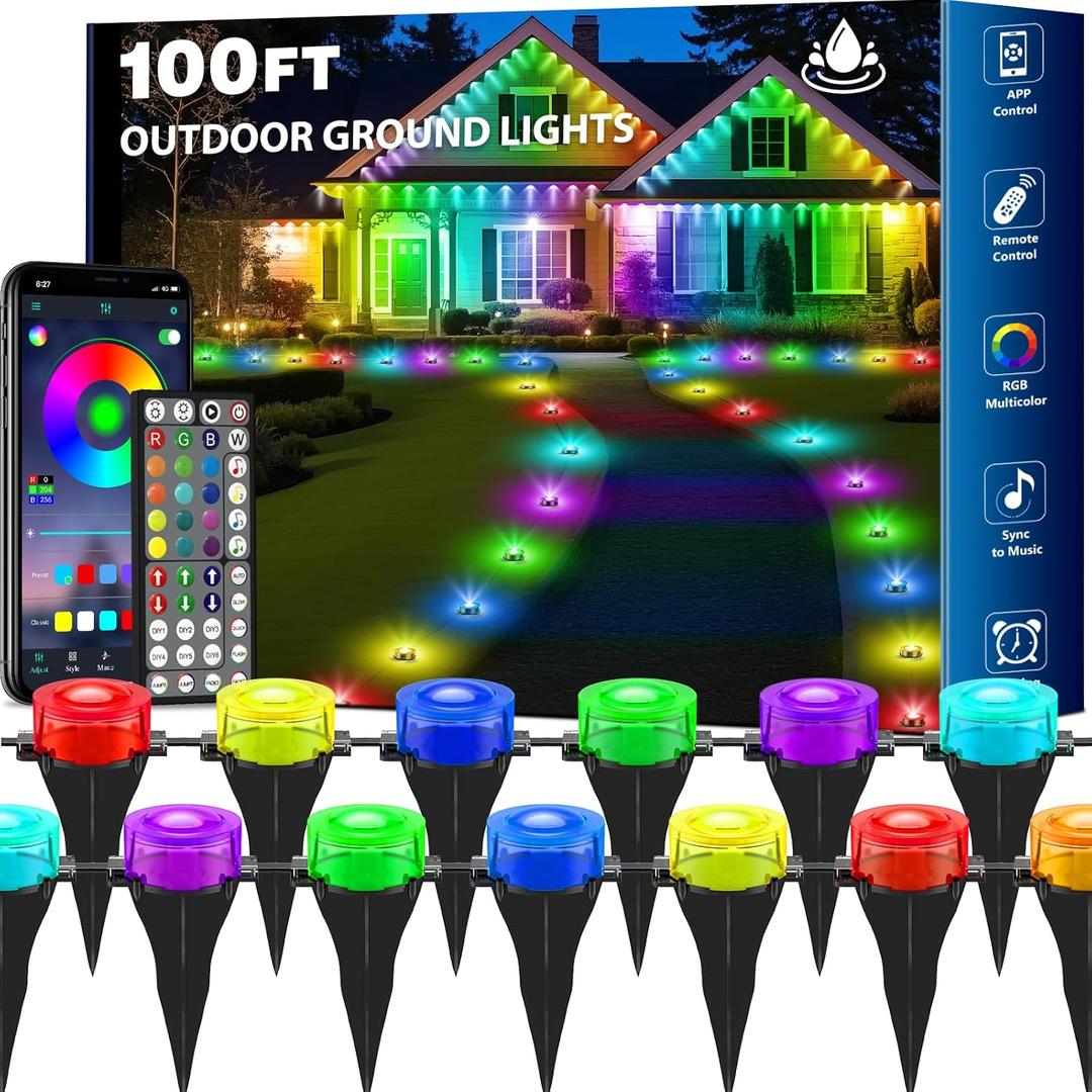 TQQVXX 100FT RGB Outdoor Ground Lights, Color-Changing Path Lights with Remote and APP Control, IP65 Waterproof Wired Pathway Light for Garden, Courtyard, Lawn and Patio – Ideal for Festivals, Parties