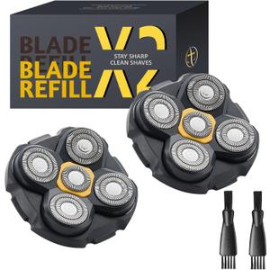 Replacement Heads Compatible with Microtouch Titanium Head Shaver - 5D Stainless Steel Blades for Wet Dry Bald Shaving, Waterproof, Includes 2 Cleaning Brushes (2 Pack)