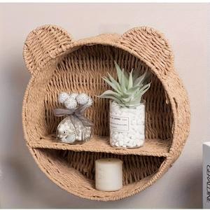 Rattanzenith Bear Rattan Wall Shelf, Handwoven Wicker Nursery Shelf for Wall, Wall-Mounted Floating Display Shelf Organizer for Small Books, Toys & Decor (Khaki)