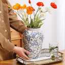 Decorative 10 inch Ceramic Flower Vase, Blue and White Floral Pattern, Crackle Glaze Finish