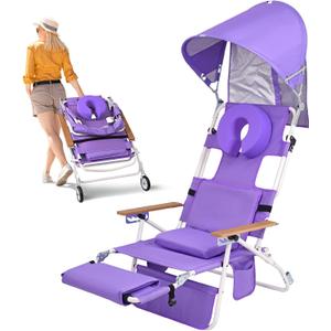 Heavy Duty 5-in-1 Padded Beach Tanning Chair with Face Hole, Wheels, Canopy Shade, Adjustable Backrest & Footrest, Folding Reclining Lay Flat Beach Lounger for Adults Reading Sunbathing Poolside