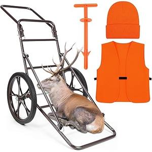 Floraltop 4 Pcs 500lbs Folding Deer Game Cart Beanie Hunting Hat Deer Field Dressing Tool Orange Hunting Safety Vest, Heavy Duty Steel Game Hauler Cart with Big Rubber Wheels for Hunter Equipment