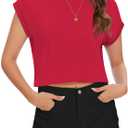 Summer Short Sleeve Crop Tops Womens Crewneck Roll Cap Sleeve T Shirts Loose Fit Basic Tees (Red, S)