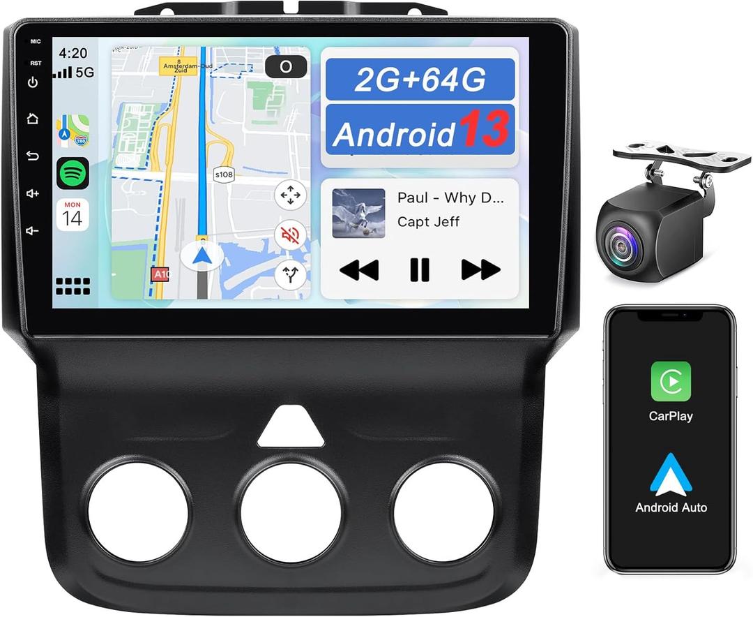 Car Stereo for Dodge Ram 1500 2500 3500 2013 2014 2015 2016 2017 2018 with Wireless CarPlay and Android Auto - 9'' Android 13, Bluetooth WiFi SWC GPS, 2+64GB (Only fit Manual AC)