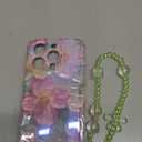 Jusy Oil Painting Flower Compatible with iPhone 14 Pro Case, with Bracelet Chain, Colorful Retro Floral Cute Curly Wave Frame Women Girls-Green