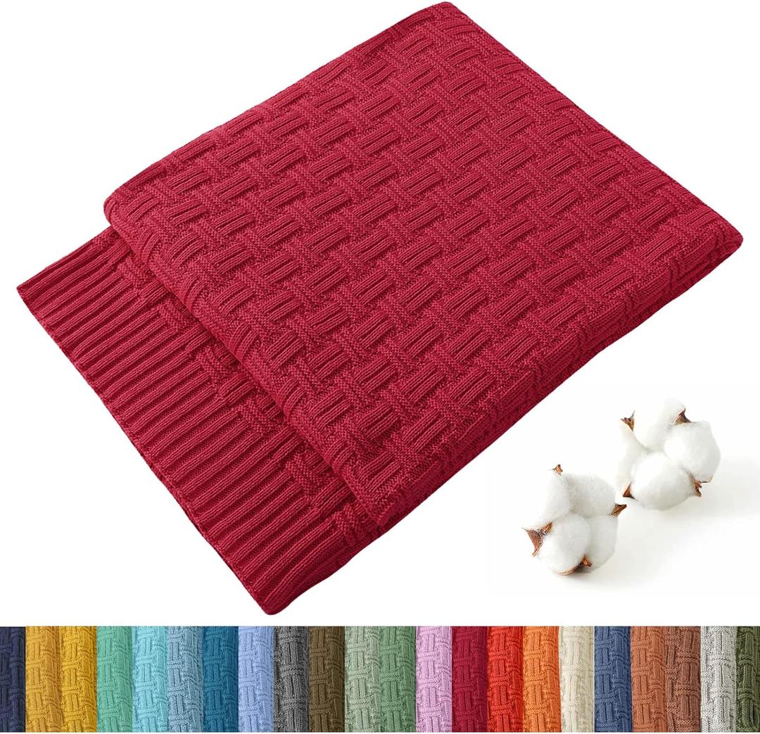 TREELY 100% Cotton Knitted Throw Blanket Couch Cover Blanket(50 x 60 Inches, Red)
