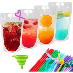 Ozera Drink Pouches, 100 Pcs Reusable 16 oz Drink Juice Pouches for Adults, Heavy Duty Pouches for Adults with Straw Funnel, Hand-held Smoothie Juice Bags for Cold Hot Drinks