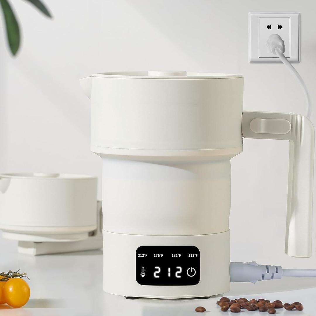 Travel Electric Kettle-Collapsible Portable Electric Kettle, 600W Foldable Small Water Boiler with 4-Temp Presets, Food Grade Silicone for Hotel, Office, Camping (Beige, 600mL)