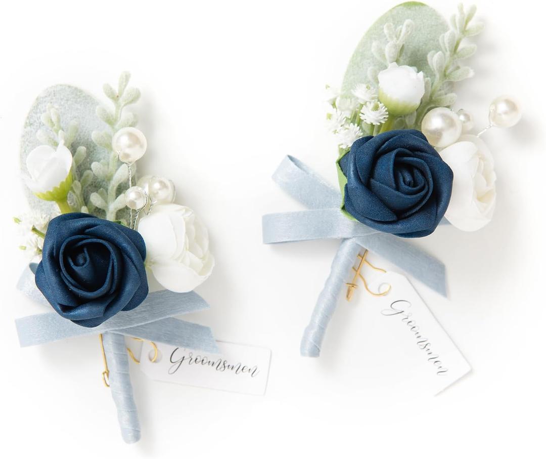 Ling's Moment Boutonniere for Men, 2pcs Groom Groomsmen Guest Boutonniere, Artificial Flowers for Wedding/Prom/Homecoming, etc.Navy White Ranunculus (Blu-navy & White Ranunculus)
