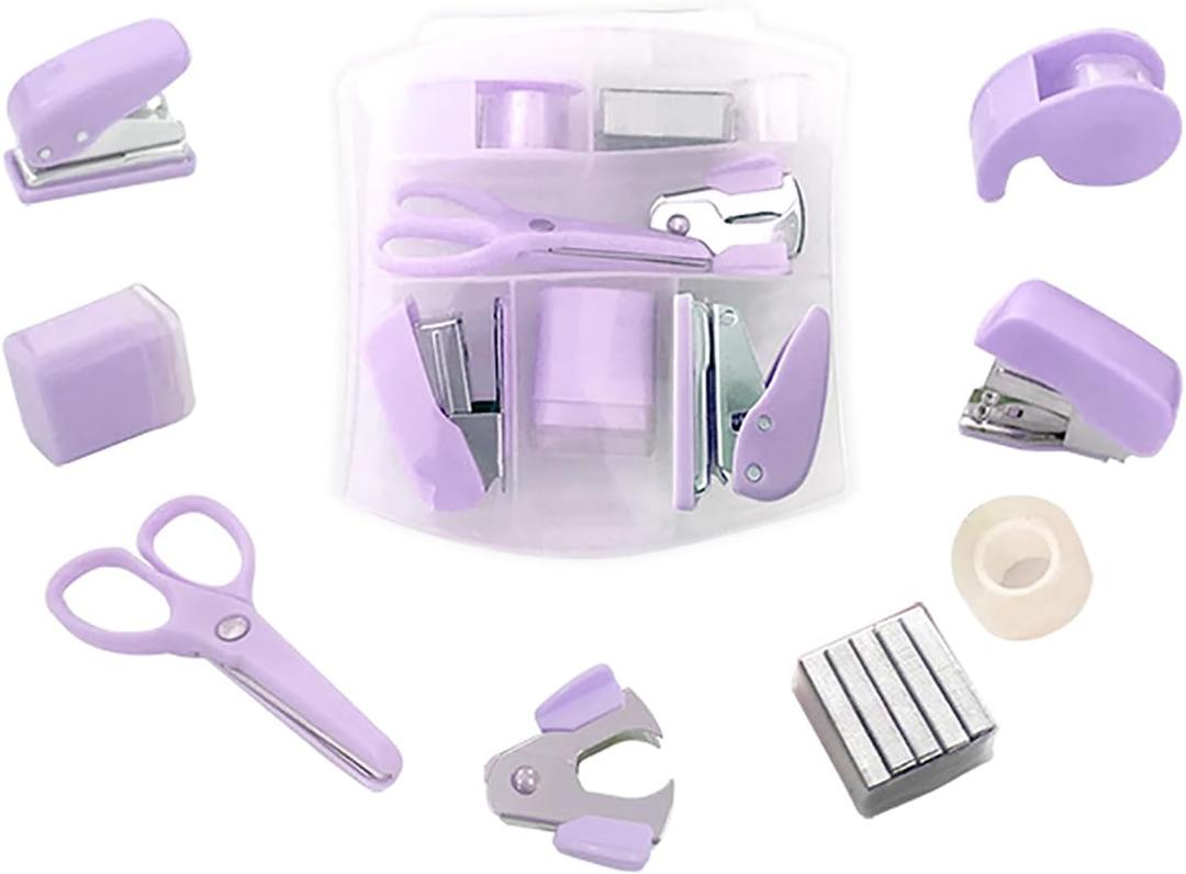 2 x 
8 Pack Mini Office Supply Kits Mini School Supplies – Includes Mini Stapler, Scissors, Staple Remover, Puncher, Pencil Sharpener, Tape Dispenser (Purple)