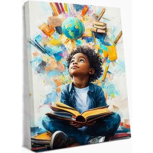 Black Boy Reading Canvas Wall Art Inspirational Books For African American Boys Painting Picture Wall Decor African Boy Poster Print Artwork for Teenagers' Living Room Study Home Decoration 16x24in