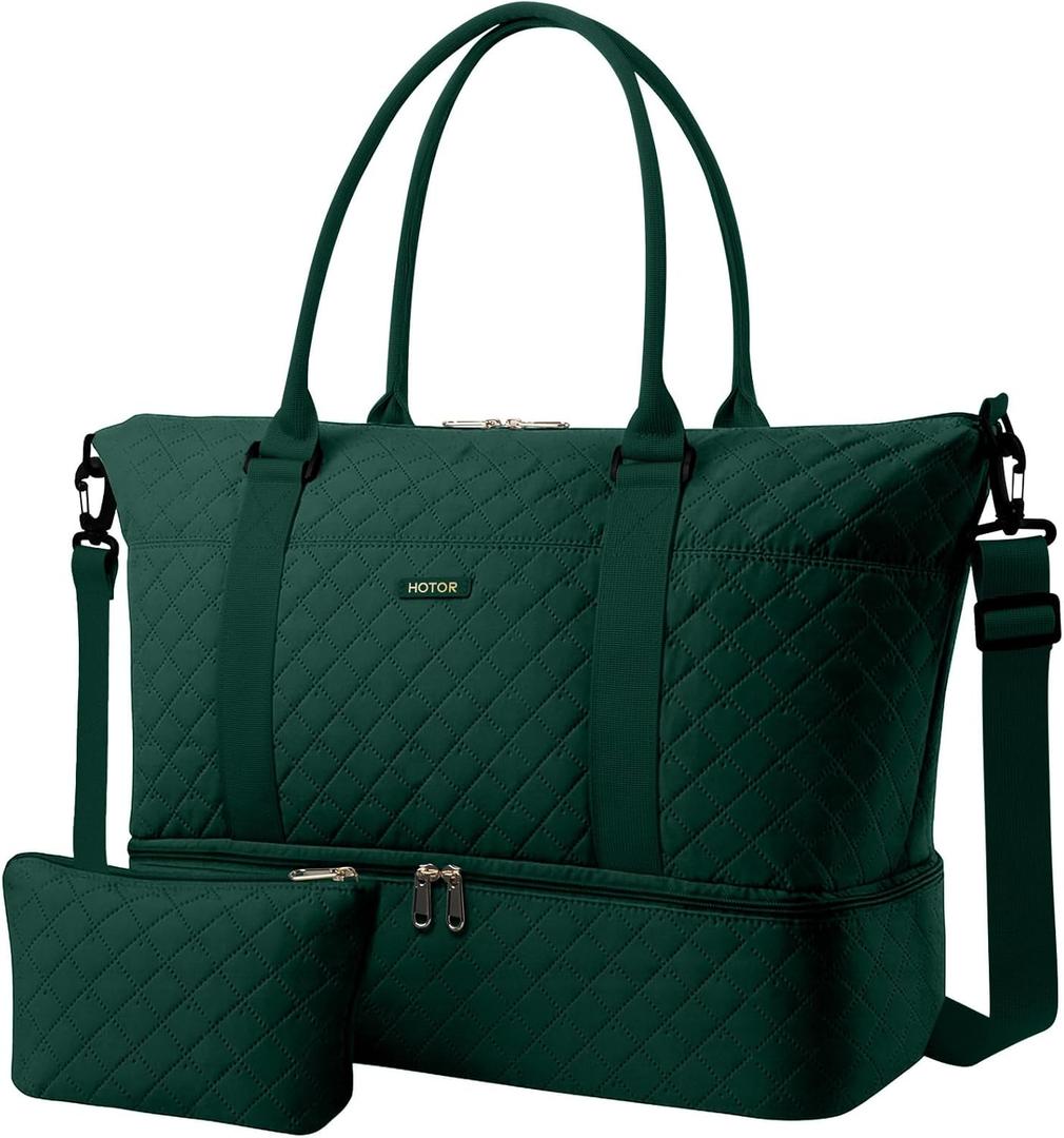 HOTOR Travel Duffel Bag - Weekender Bags for Women, Gym Tote Bags with Shoe Compartment, Carry On Overnight Bag with Toiletry Bag for Travel Essentials Travel Accessories, Dark Green, 13.4"17.3"7.9"