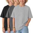 LessonZoo 3 Pack Kids Unisex T-Shirts Boys Girls Short Sleeve Crewneck Tops Basic Summer Loose Fit Oversized Tees 5-14 Years(Gray, Dark Gray, Black,7-8 Years)