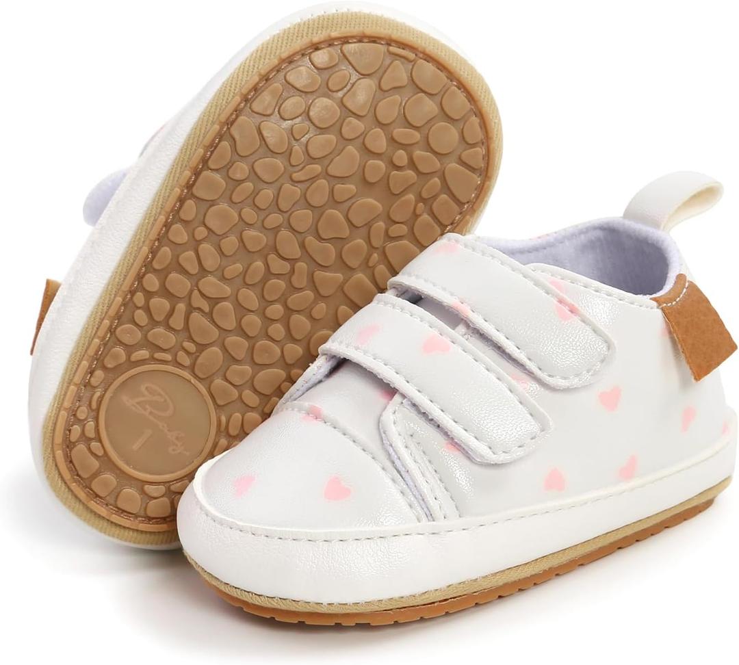 SOFMUO Baby Boys Girls High Top Ankle PU Leather Sneakers Soft Rubber Sole Infant Moccasins Newborn Oxford Loafers Anti-Slip Toddler Wedding Uniform Dress Shoes (12-18 Months Infant, A01/White&pink Heart)