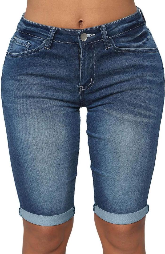 roswear Womens Mid Rise Roll Cuff Bermuda Stretch Denim Jean Shorts (Blue, M)