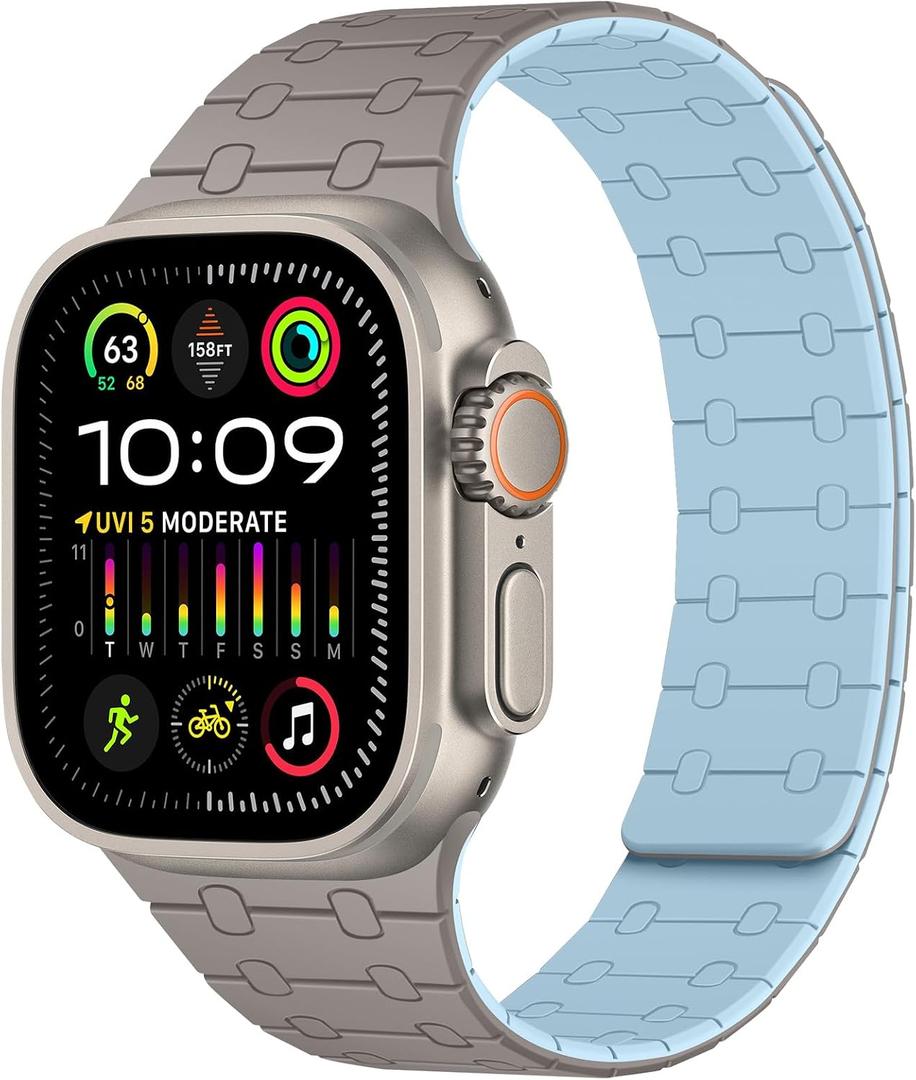 Amizee Magnetic Bands Compatible with Apple Watch Band 49/46/45/44/42/41/40/38mm Women Men, Sport Silicone Strap for iWatch Ultra 3/2/1 Series 11 10 9 8 7 6 5 4 SE3/2/1 (49/46/45/44/42, Khaki/L-Blue)