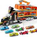 JOYIN Toy Truck for Kids, 5-FT Race Track and 12 Die-Cast Metal Toy Cars, Racing Car with Lights & Sounds, Toddler Carrier Truck Playset Gift for 2 3 4 5 Years Old Boys and Girls-Black
